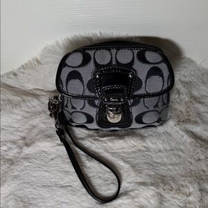 Coach Gray and Black Signature Canvas Wristlet Clutch
